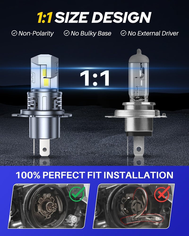 AUTOONE H4 LED Light Bulbs Upgraded 900% 50000LM Brightness 6500K White H4/9003/HB2 Hi Lo w/Cooling Fan for Halogen, 1:1 Size 99% Compatibility, Plug-N-Play, Longer Lifespan - Image 2